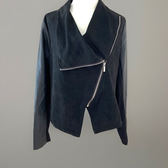 bagatelle Jackets & Blazers - Bagatelle Drape Moto Jacket Women's Large Black Faux Leather Sleeve Mixed Media